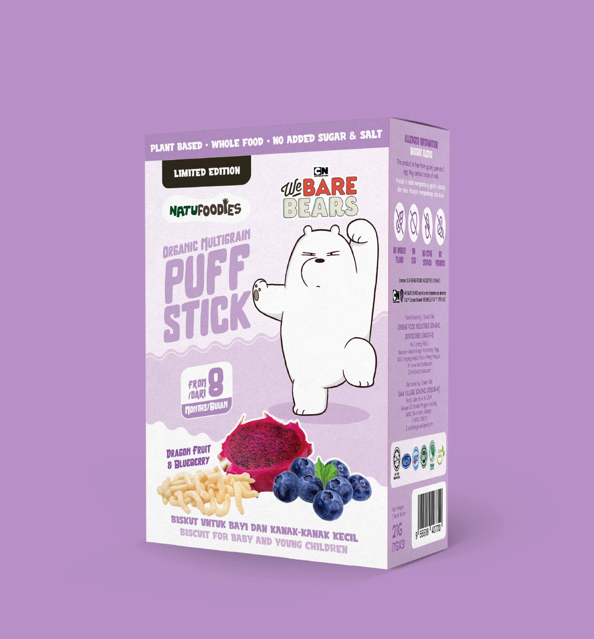 Organic Multigrain Puff Stick Dragon Fruit & Blueberry Natu Foodies